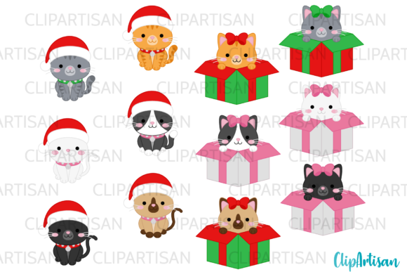 Christmas Cats Clipart Meowy Christmas Illustrations