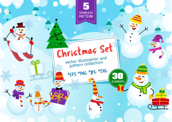 Christmas Set Illustrations: Snowmen, Gift, and Pattern