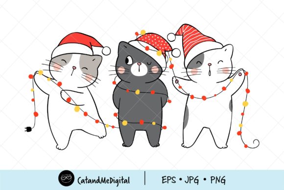 Funny Cat Christmas with Light Clipart Illustrations