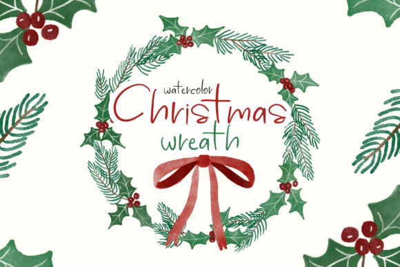 Watercolor Christmas Wreath Leaf Berry