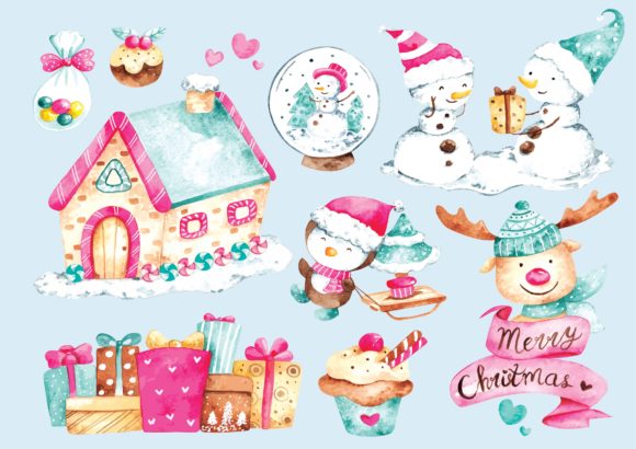 Winter and Christmas Doodle Watercolor Illustrations